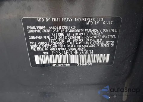 2017 Subaru Forester 2.5I from USA, damaged, VIN JF2SJABC0HH536884